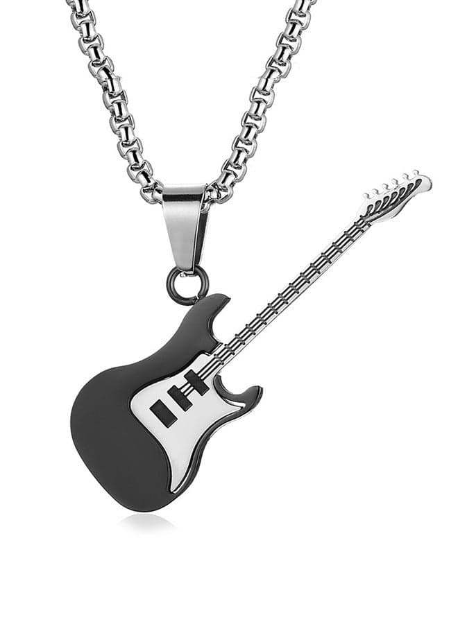 Guitar Pendant Necklace, Anti Rust and Anti Fading Stainless Steel Necklace, Fashion Gift for Man (Black+Silver)