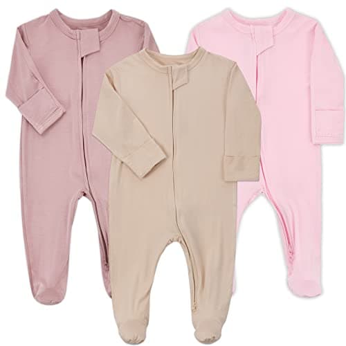 Aablexema Baby Zipper Pajamas Bamboo Rayon, 3pcs Unisex Infant Onesie with Mitten Long Sleeve Footed Pjs(Beige & Pink & Purple,0-3m)