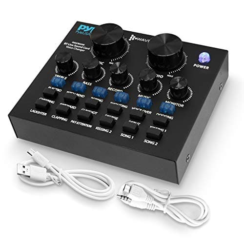 Pyle PKSCRD208 Bluetooth Mini Audio Interface Podcast Mixer Sound Card - Live Streaming for PC Computer iPhone Broadcasting | Voice Changer V8 with 12 Sound Effects,3 Inputs, Mic Input