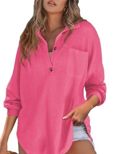 Astylish Women V Neck Waffle Knit Button Henley Tops Flattering Casual Soft Long Sleeve Pullover Blouses Rose Red Medium