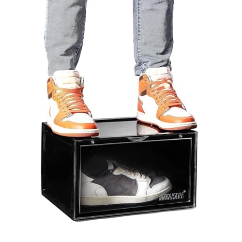 SNEAKARE Stackable Shoe Storage Box | Heavy Duty Plastic Sneaker Crate with Magnetic Door | Shoe Organizer for Men & Women | Fits Upto UK 14 | Durable Shoe Storage Box Black Pack of-1