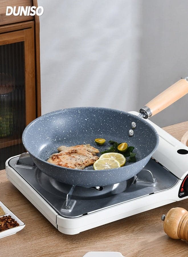 Non-stick cookware with Heat-Resistant wooden handle, Home Frying Pan with Durable Marble Coating ,Induction Cookware with Hanging Loop,28cm