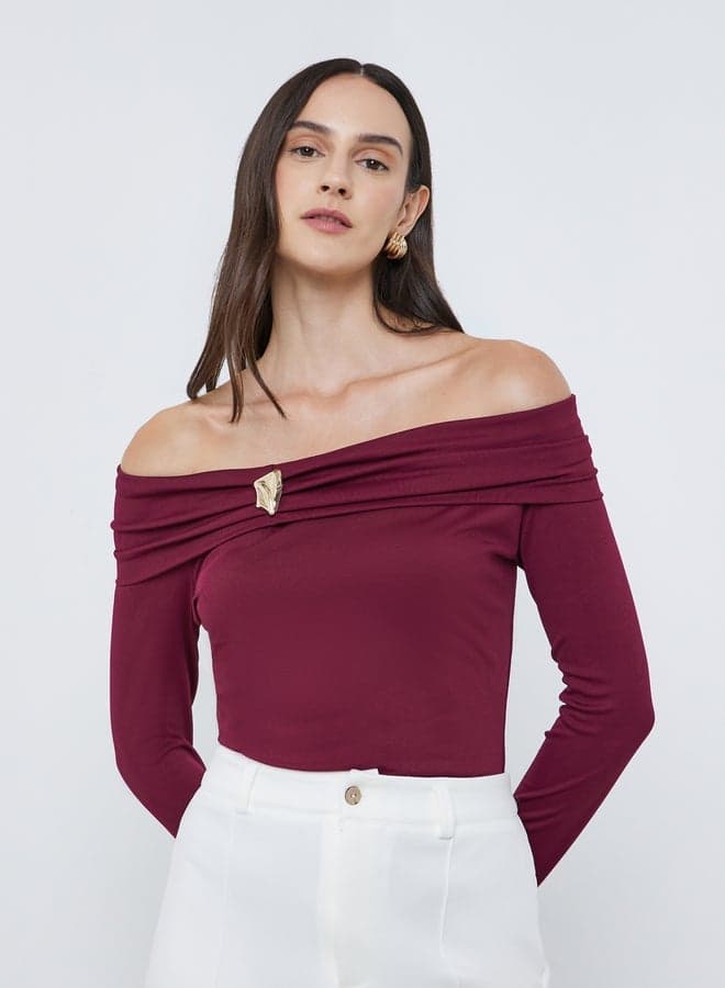 Styli Burgundy Off-Shoulder Long Sleeve Knit Top