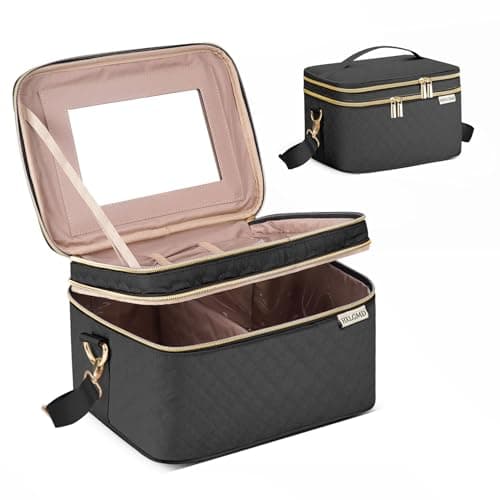 HXLGMD Double Layer Travel Makeup Bag Women Cosmetic Organizer Case Travel Essentials Accessories with Shoulder Strap for Bottles Brushes Conditioner Skin Care Products Black