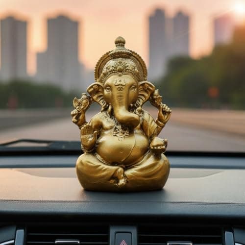 Lamcy Plaza Antique Gold Finish Ganesha Idol - 3.5 Inches | Ganesh Idol Murti for Car Dashboard, Home Decor & Office Desk | Ganpati Murti Showpiece for Mandir Home Decor (Golden)