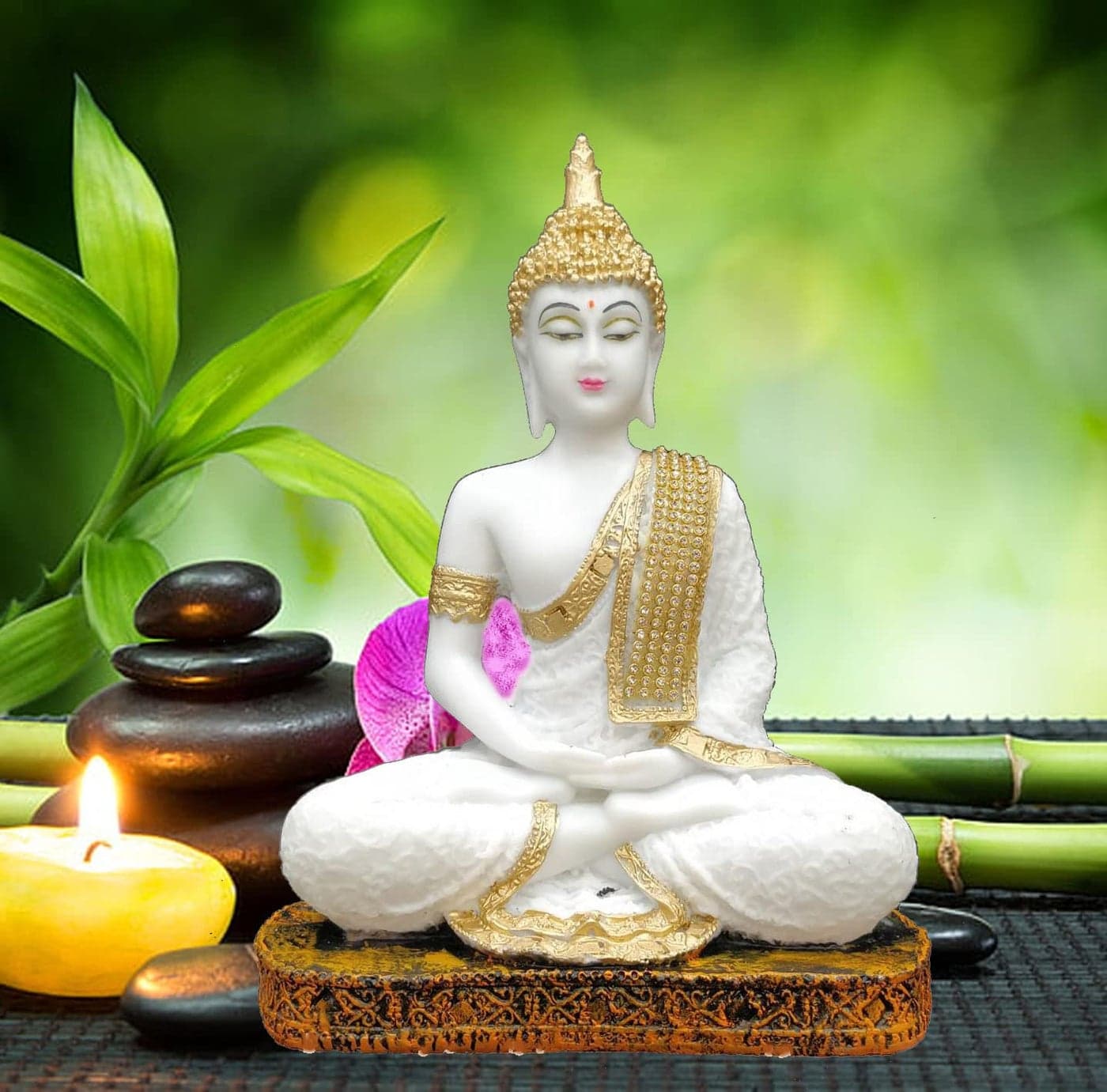 SN Handicrafts Polyresin Sitting Buddha Idol Statue Showpiece for Home Decor Decoration Gift Gifting Items 1pic MARBAL Multicolor Religious