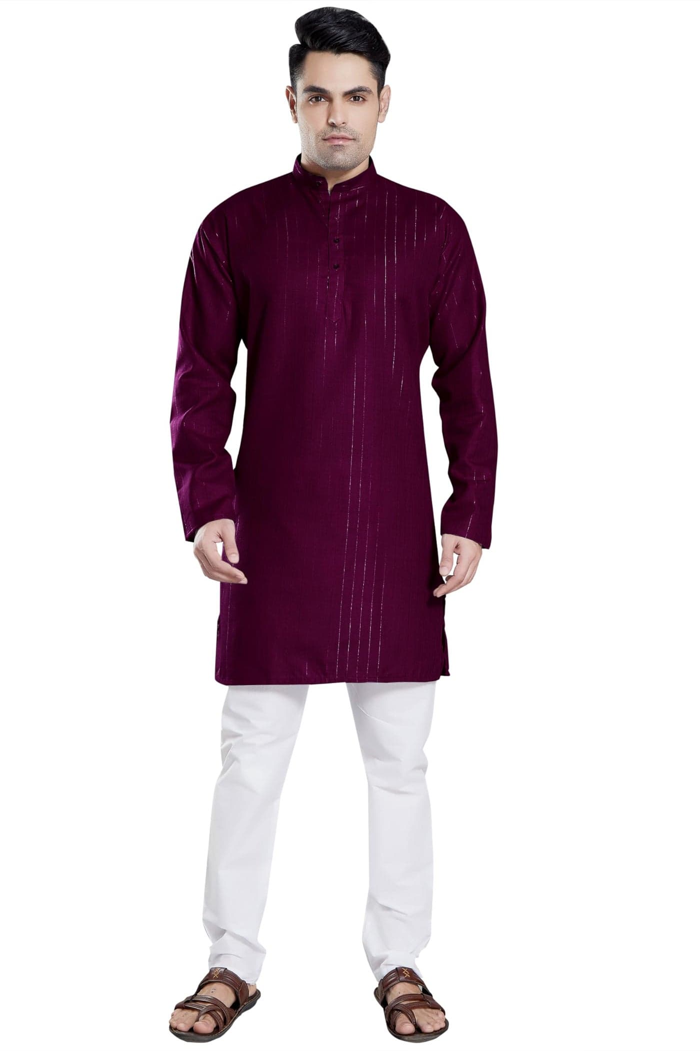 DIVISIVE Men's Self Zari Line Cotton Blend Slim Fit Kurta Pyjama Set (DKRT88_L_Wine)