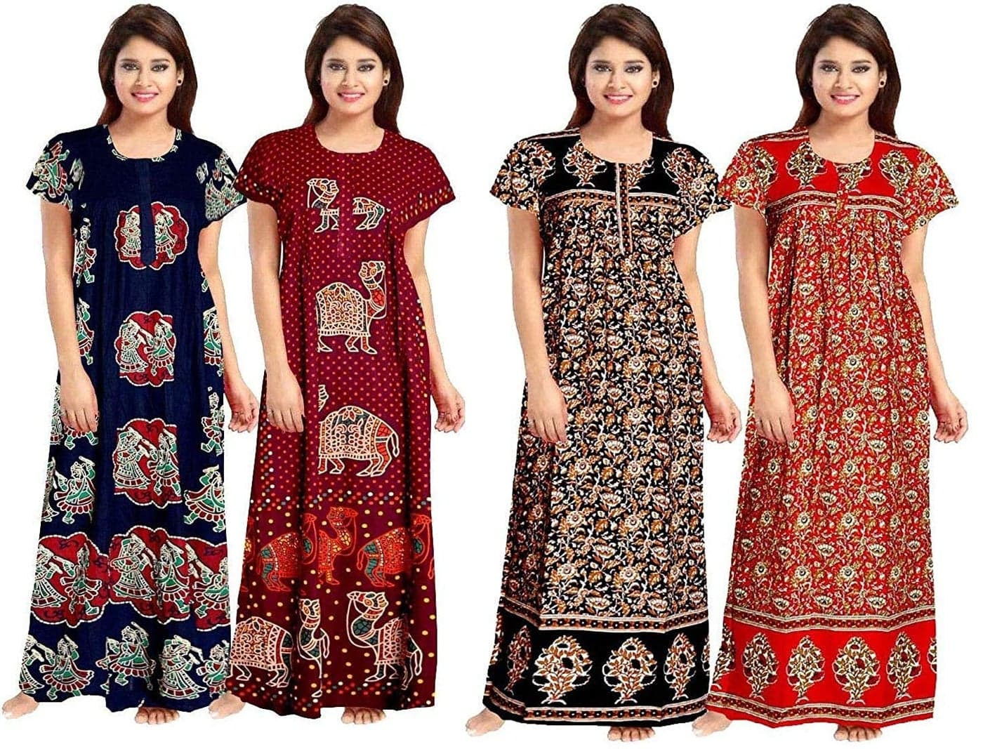 KBNBJ Women’s Cotton Printed Maxi Nighty (Pack of 4) – Ankle-Length Night Dress Gown, Soft & Comfortable Sleepwear, Free Size Multicolour