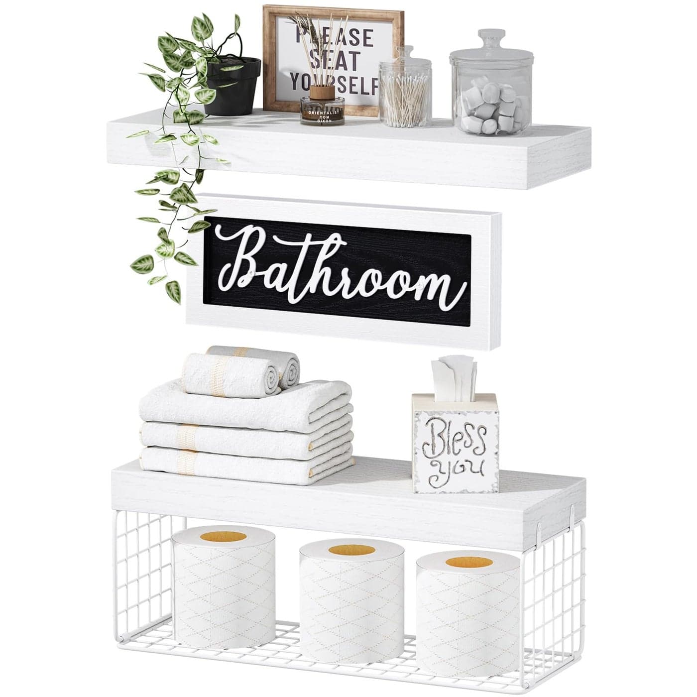 QEEIG Bathroom Shelves Over Toilet Paper Storage Wall Mounted Farmhouse Decor Decorations Aesthetic Dcor Sign Small Floating Shelf 21 Set 16 inch White 020WW