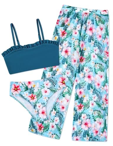 Swimsuit for Girls 3 Pieces Size 8 9 Girls' Blue Hawaiian Rash Guard Pants 8-9T Big Girl Pink Flowers Swimwear Floret Leaves Bathing Suits High Waisted Rashguard Kids Coverup Ruffle Bikini Tankini