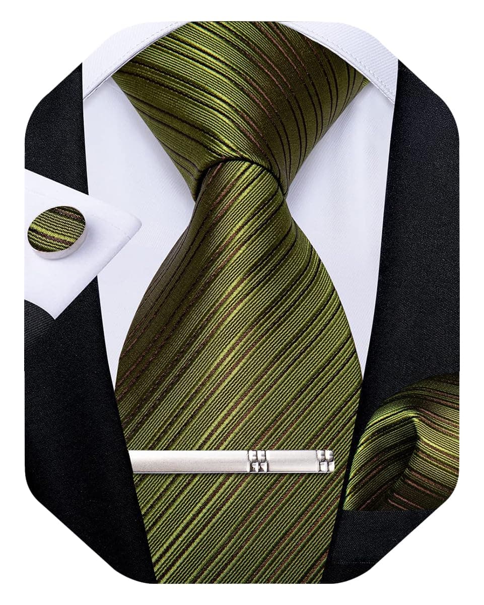 DiBanGu Mens Silk Necktie Solid Color Tie and Pocket Square Cufflink Tie Clip Set Woven Plain Ties for Men Wedding Party, Olive Green