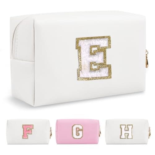 Small Personalized Initial A-Z Preppy Patch Makeup Bag,White PU Chenille Letter Travel Cosmetic Pouch with Zipper,Cute Toiletry Bag,Gift Ideal for Teen Girls Women Teacher Bridesmaid,Letter E