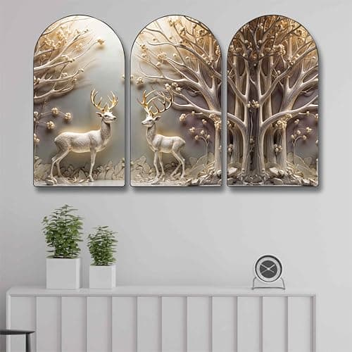 Livin'luxe Deer in Forest Wall Art – Set of 3 Panel Nature-Inspired Painting | Elegant White Deer with Trees | Modern Wildlife Artwork for Living Room, Bedroom & Home Décor