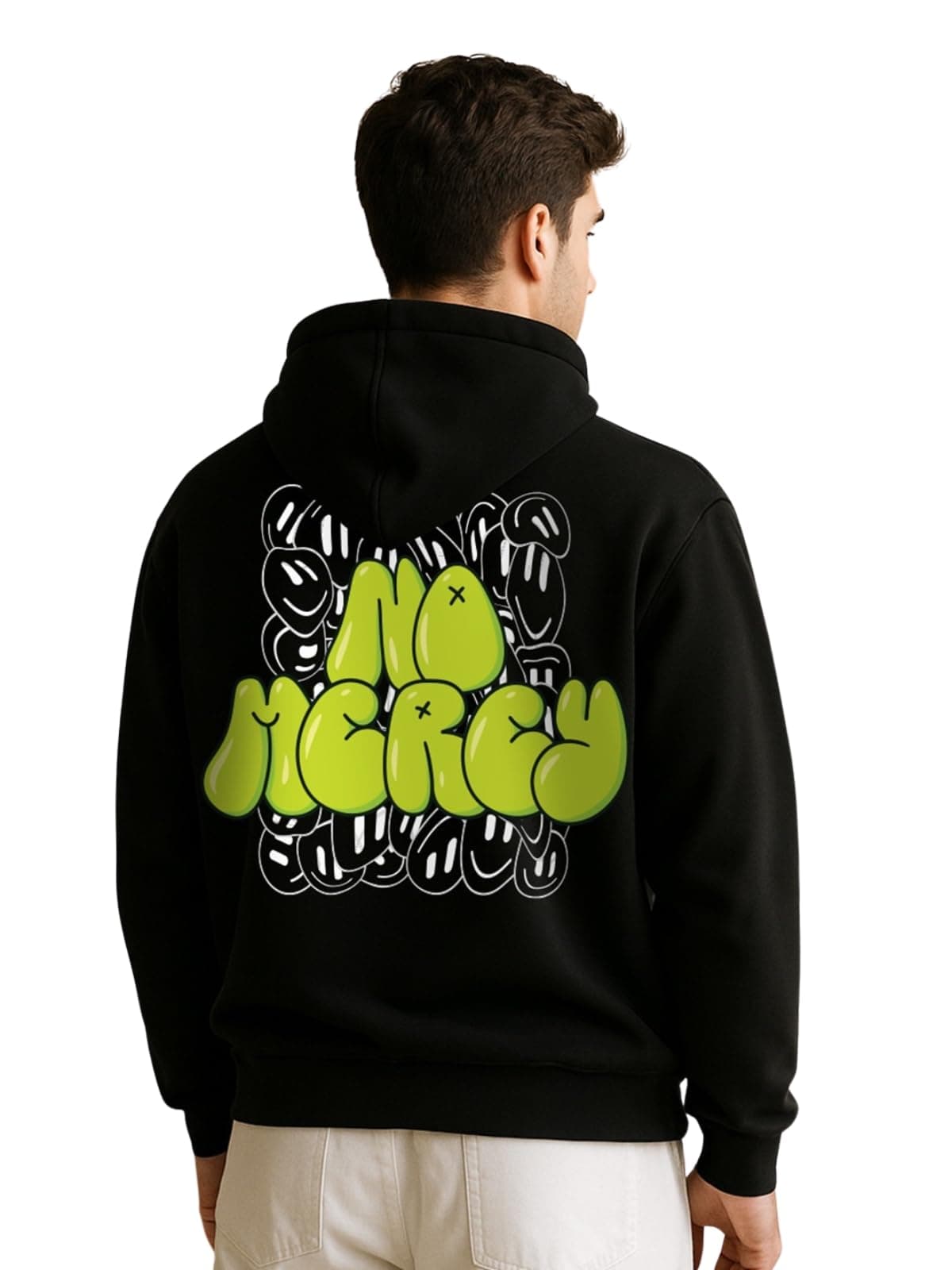 Veirdo® Cotton Fleece Regular Fit Hooded Sweatshirt Lastest Back Graphic Printed Winter Hoodies for Men (W05_NOMERCY_BLK_L)