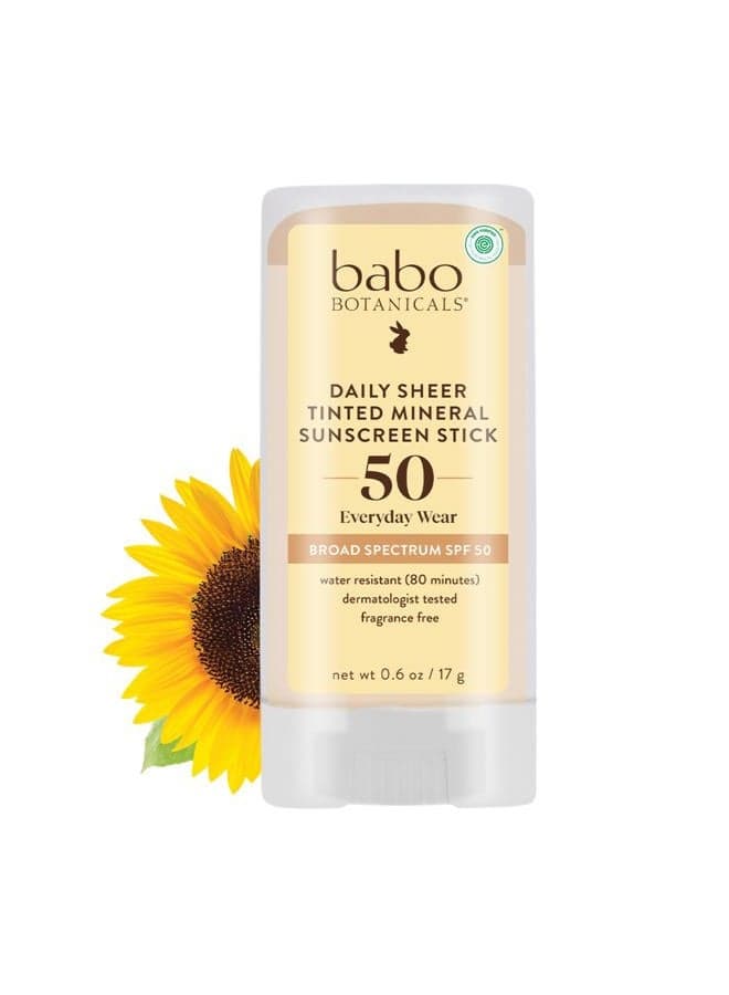 Daily Sheer Mineral Tinted Sunscreen Stick SPF50 - Natural Zinc Oxide - For Face - For all ages - EWG Verified - Water Resistant - Fragrance-Free