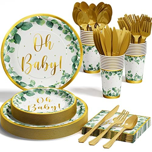 Ecomore Sage Greenery Baby Shower Party Supplies 175 PCS Boho Neutral Disposable Dinnerware Set 25 Guest with OH Baby Paper Plates Napkins Cup Plastic Fork Knives Spoon for Boy Girl Birthday Party