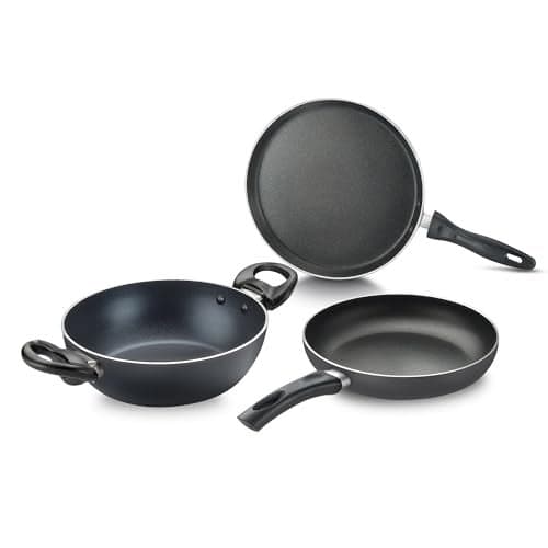 Judge by Prestige Ace Aluminium Non-Stick Cookware Set - Kadai 20 cm, Fry Pan 20 cm, Omni Tawa 25 cm - 1 Unit Each, Black
