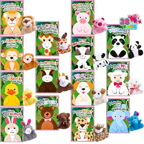 JOYIN 28 Pack Valentines Day Gifts Cards for Kids with Plush Toy Key Chain Stress Relief Fidget Toy for Classroom Exchange Cards and Kids Party Favor