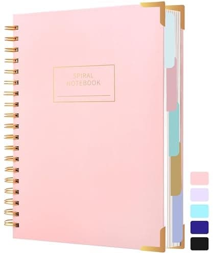 Yoment Hardcover Spiral Notebooks for Work School, B5 Journal Notebook with Tabs Dividers, Multi 5 Subject Notebook College Ruled, 240 Pages Lined Journal for Women, Pink