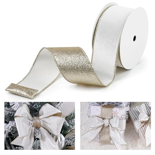 LIZLOVESS White Velvet Wired Ribbon with Glitter Back 25 Inch White and Gold Christmas Ribbon Wired Ribbon for Christmas Tree Gift Wrapping Mantel Wreaths Supplies Topper Bows 10 Yards
