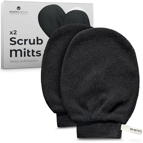 MainBasics Exfoliating Gloves for Shower - Korean Body Scrub Mitts for Dead Skin, Deep Cleansing, Spray Tan Prep & KP Treatment (2 Pack)