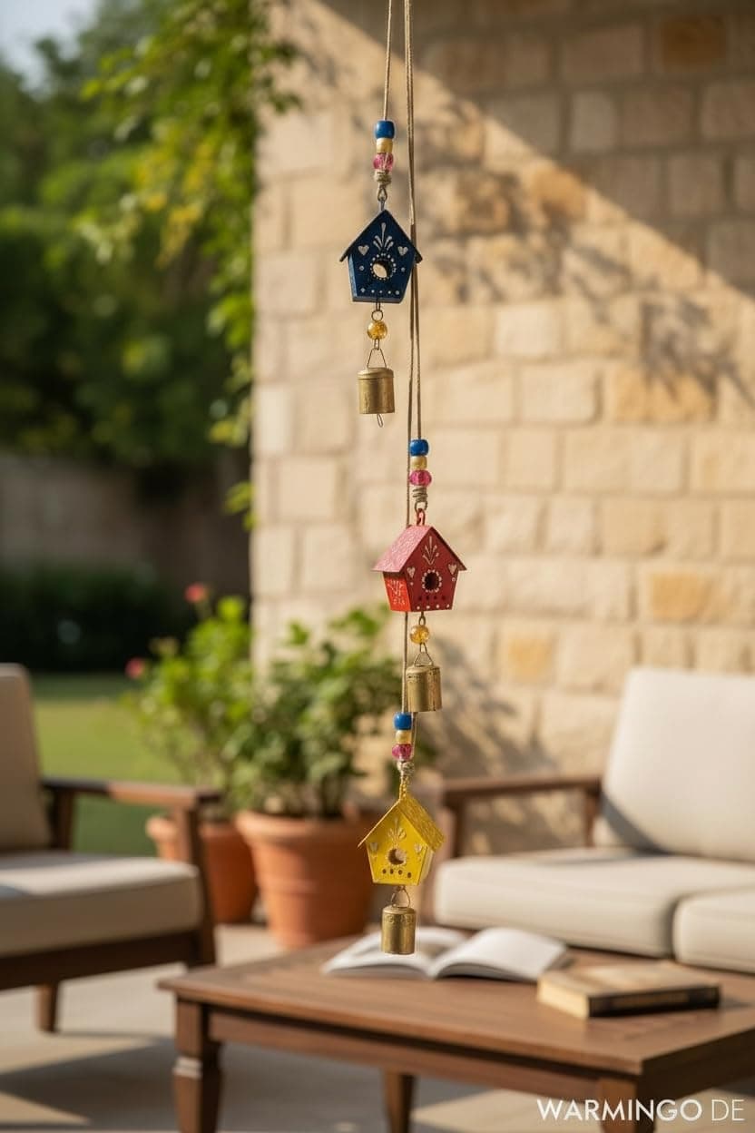 WARMINGO DE 3 Hut Bells Wall Hanging | Handpainted Wind Chime Toran for Home Decor | Garden Tree Hanging Bells | Living Room & Entrance Decoration