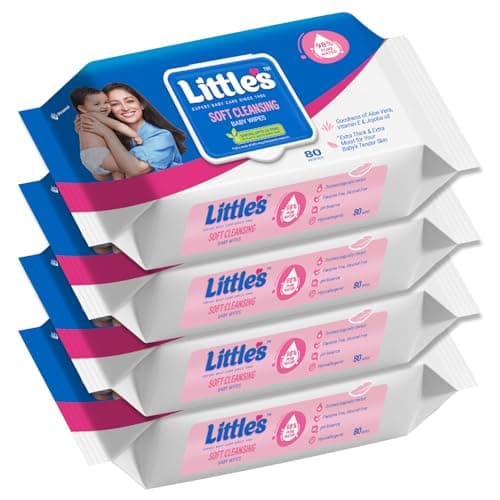 Little's Soft Cleansing Baby Wipes with Lid | 80 Wipes x Pack of 4 - 320 Wipes | Extra Thick & Moist Wet Wipes for Baby's | Prevents Rashes & Redness with Goodness of Aloe Vera, Vitamin E & Jojoba Oil
