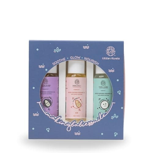 Little Rituals Organic Baby Massage & Hair Oil Gift Pack and Sampler - Sweet Almond (Badam), Coconut, Black Sesame | Premium Gift for Baby | Travel Pack | Wood Cold Pressed, Plant Actives, Dermatologist Tested by Pediatrics, Safe & Gentle, 30ml