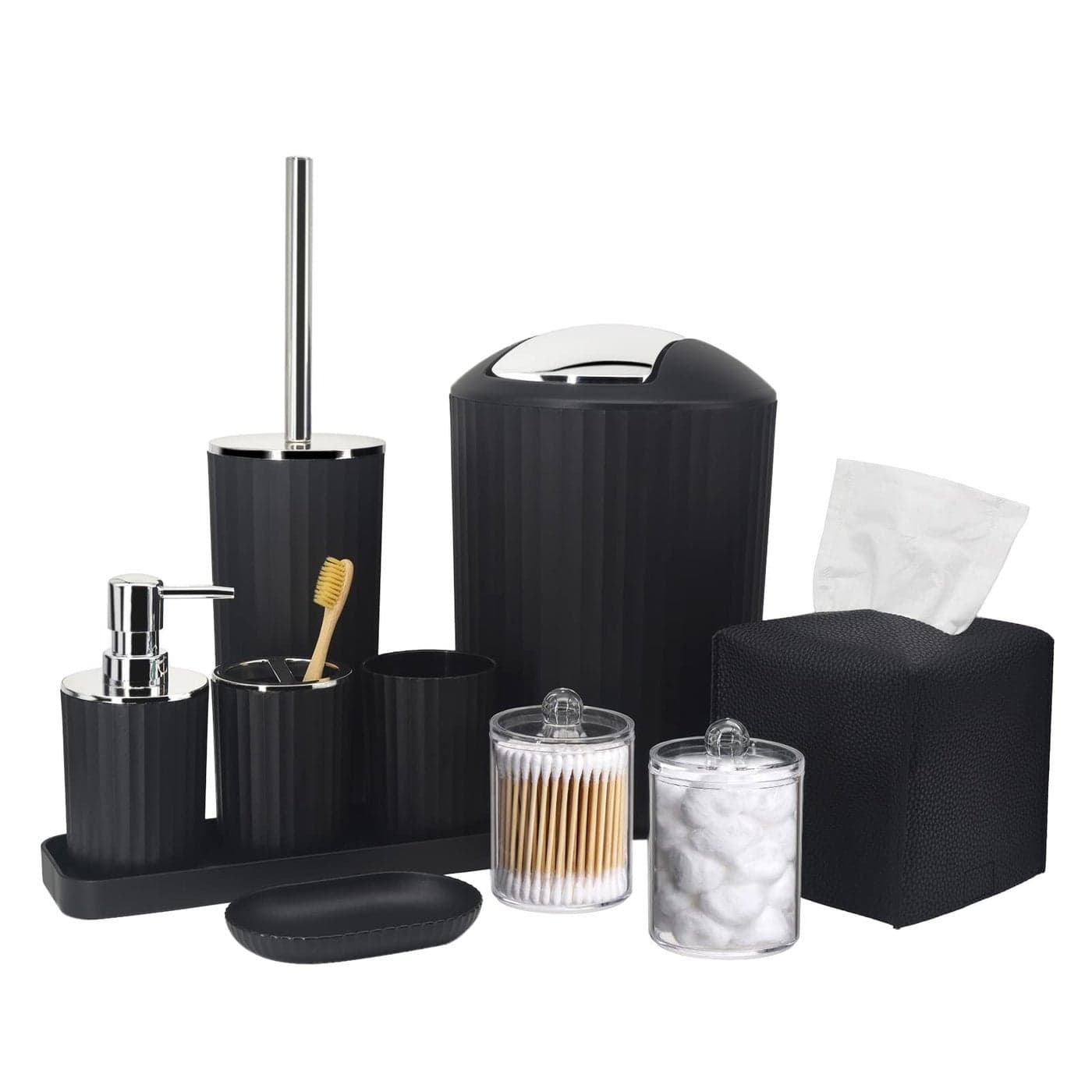 Bathroom Accessory Set 10 Piece Black Bathroom Accessories Set with Trash Can Toothbrush Holder and Cup Soap Dispenser Soap Dish Toilet Brush Holder Vanity Tray Qtip Holder Tissue Box Cover