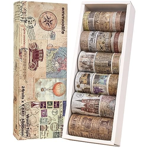 24 Rolls Vintage Washi Tape Set Antique Car Buildings Map Stamp Stripe Writable Aesthetic Washy Decorative Tapes for Scrapbooking Junk Journal Supplies Bullet Journaling 575mm Wide 3m LongRoll