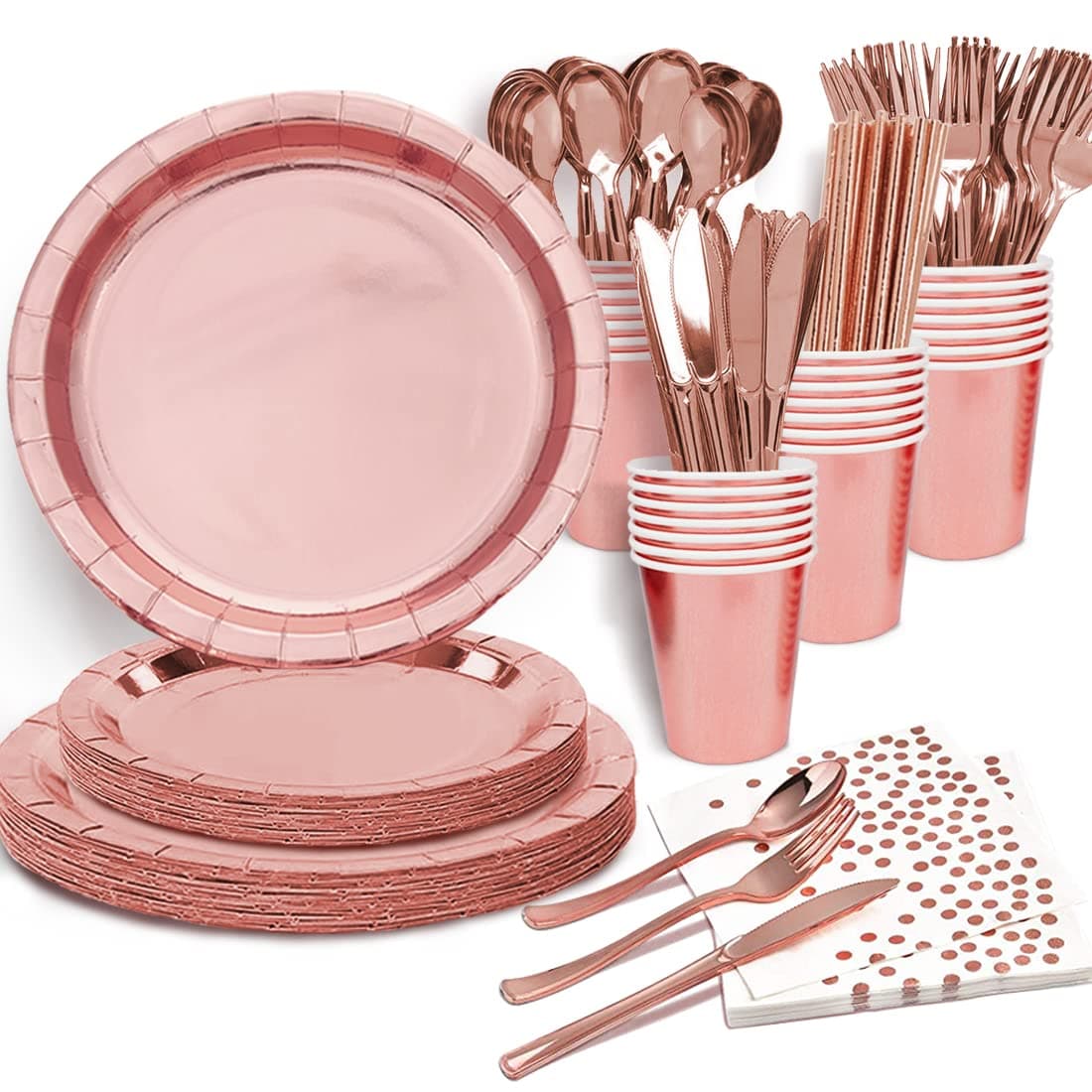 Rose Gold Birthday Party Favors for Women Rose Gold Plates and Napkins Party SuppliesDisposable Paper Plates and Cups Set for First Day of SchoolBridal ShowerBaby ShowersChristmas Serves 20