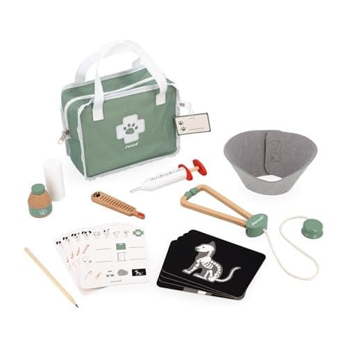 Janod Pretend Play Vet Suitcase 15Piece Role Play Veterinary Kit in Durable ZipUp Cloth Case with Badge XRays Prescription Cards Pet Care Tools Ages 3 J06466