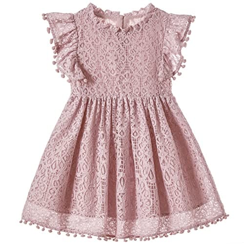 Niyage Toddler Girls Elegant Lace Pom Pom Flutter Sleeve Party Princess Dress Dusty Pink 80
