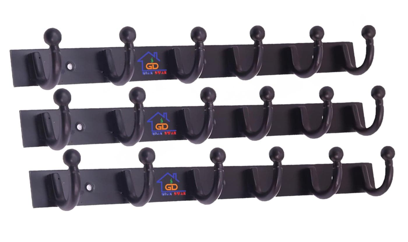 GHAR DWAR Heavy Duty Goli Stainless Steel Cloth Hanger Suitable for Bathroom Bedroom Kitchen Wall Hook Rail Hanging Scarf, Coat,Keys Tie Clothes Towel Door Robe Hanging (Pack of 3, Black 6 Hook)
