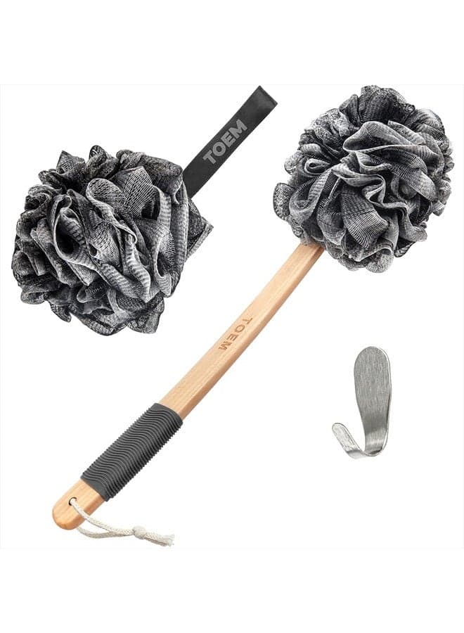 Toem Loofah Back Scrubber For Shower | Bamboo Charcoal Fiber Infused | Bath Sponge | Lufas For Men & Women | Includes 1 Long Handled Shower Sponge, 1 Bath & Shower Luffa Pouf & 1 Hook To Hang Stuff