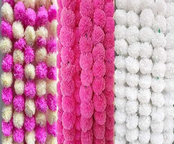 Brikshi Pack of 15 Artificial Marigold Flowers for Decoration Long Marigold Garlands for Decoration Toran Indian genda phool for Wedding & Festival |5 Feet Long |(Pink/White/Pink And White)| 15 Strings