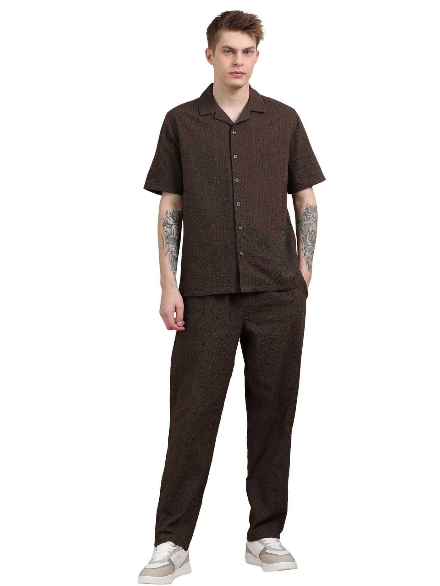 StitchX Men’s Airport Look Textured Seersucker Resort Cotton Shirt & Trouser Co-Ord Set Pecan Brown-S