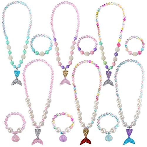 PinkSheep Jewelry Sets Beaded Necklace and Beads Bracelet for Kids Girls 10 Sets Unicorn Cat Mermaid Starfish Shells Bird Owl Necklace and Beads Little Favors Bags for Girls Princess Dress Up Pretend Play Mermaid