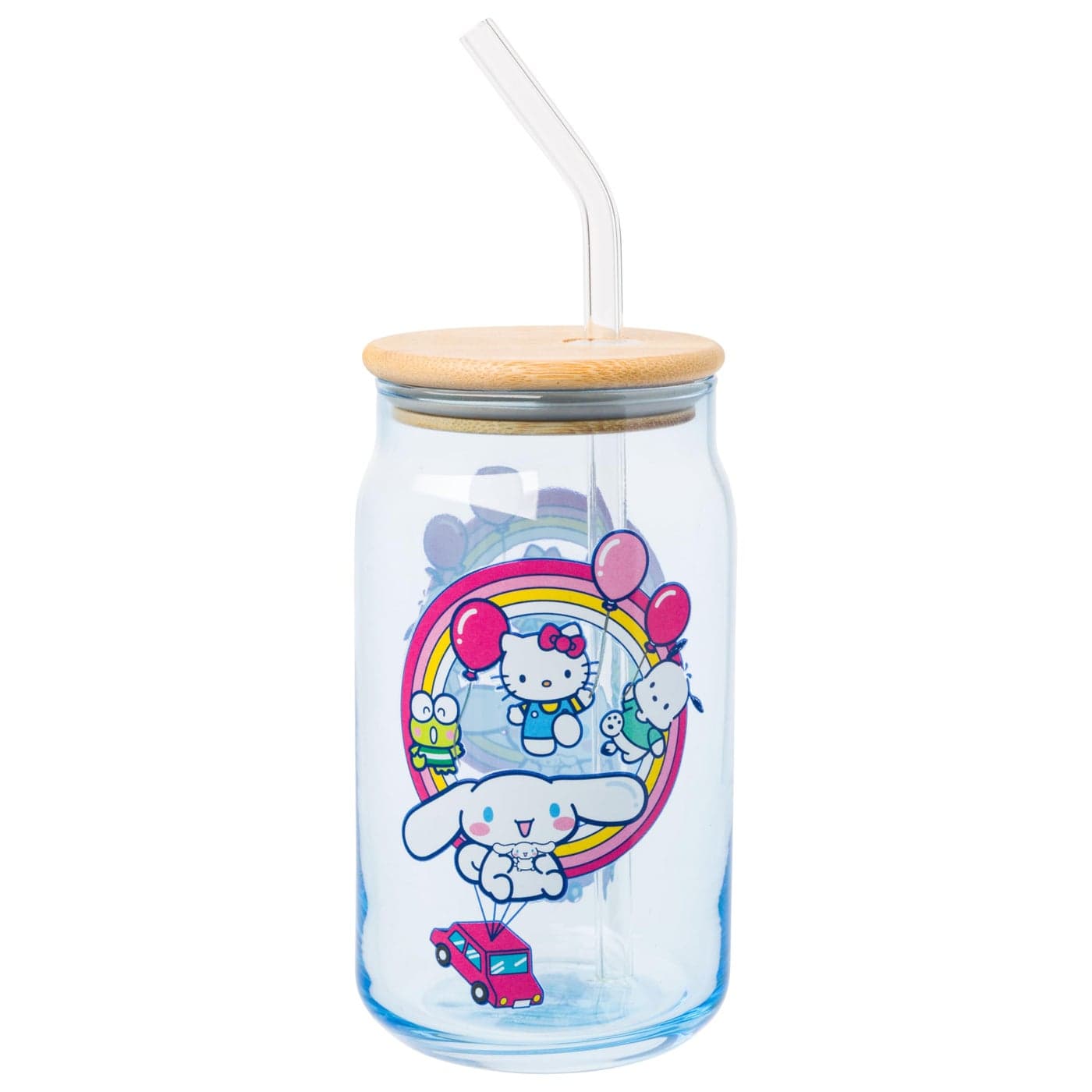 Silver Buffalo Sanrio Hello Kitty Friends Floating Car Balloons Featuring Cinnamoroll Pochacco and Keroppi Glass Jar Tumbler with Bamboo Lid and Glass Straw 16 Ounces