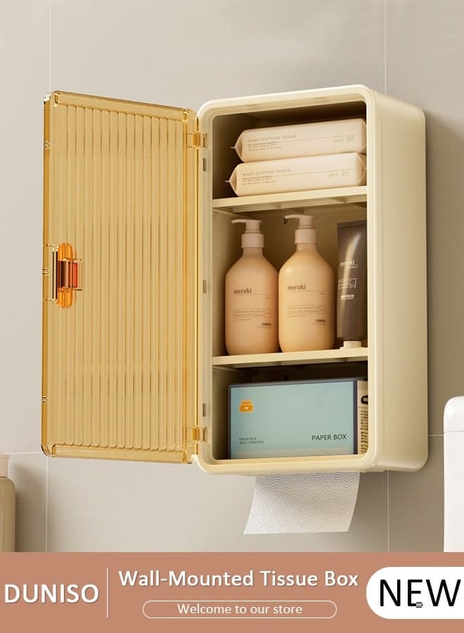 Wall-Mounted Tissue Box, Single Door Bathroom Storage with Detachable Partition, No-Punch Waterproof Bathroom Towel & Toiletries Storage Cabinet, Large Capacity Roll Paper Storage Box