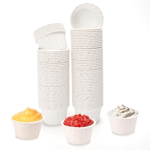 100PCS Paper Cup Liner Disposable Container21x121oz Bowl Tray Organizer for Ketchup Melting Wax Bean Face Nose Hair Removal Ice Cream Cake Condiment Sauce Ramekin Shot Souffle Sample Serving