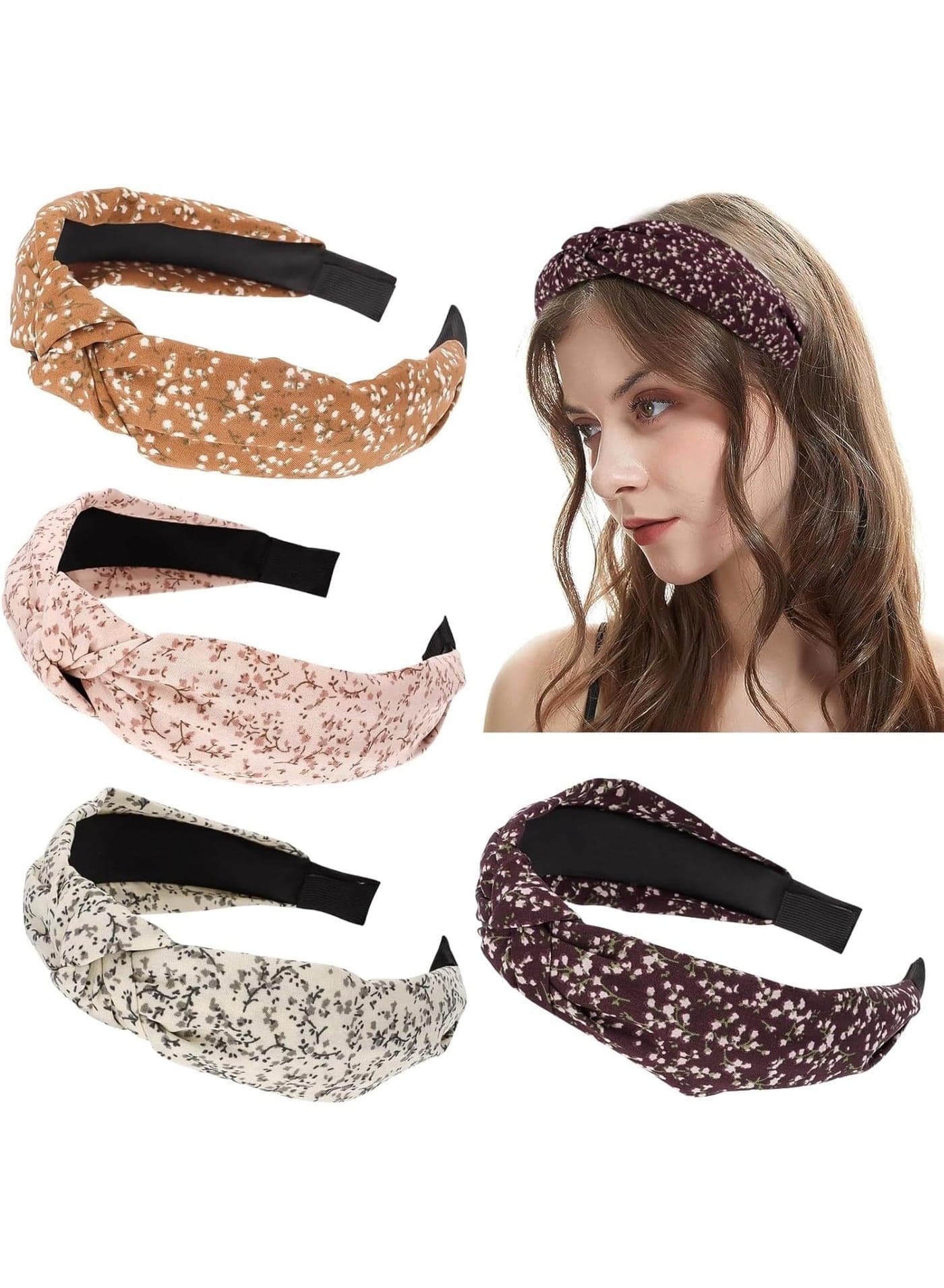 Floral Headbands for Women, 4Pcs Floral Knotted Headbands for Women Fashion, Top Knot Fabric Headbands for Women Trendy Hair Accessories, Wide Flower Printed Hairbands Non Slip