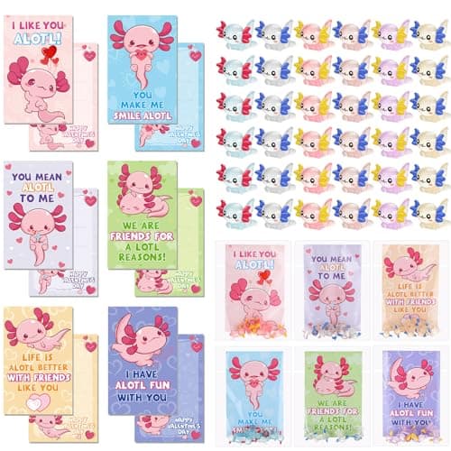 DoubleFill 36 Sets Valentine Axolotl Gifts Sets for Class Axolotl Cards with Mini Toys Glow in The Dark Small Figurines for Valentine School Classroom Exchange Gift Party Favors
