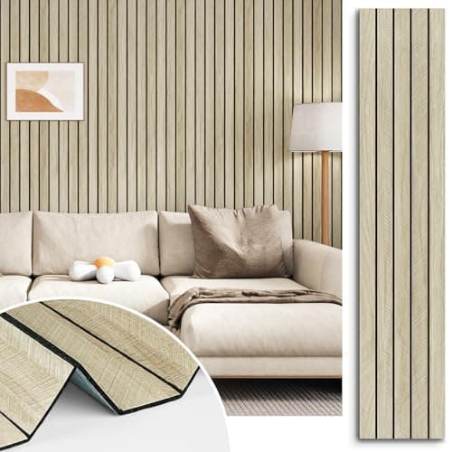STICKEEP Beige Oak Peel and Stick Wood Panels 3D Textured Acoustic Wood Slats Panel for Wall 118x197 Self Adhesive Soundproof Wooden Slatted Panel Wallpaper for Bedroom Office Studio Wall Decor