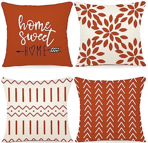 YCOLL Fall Pillow Covers 18x18 Set of 4 Modern Sofa Throw Pillow Cover for Fall Decor Decorative Outdoor Linen Fabric Pillow Case for Couch Bed Car Burnt Orange