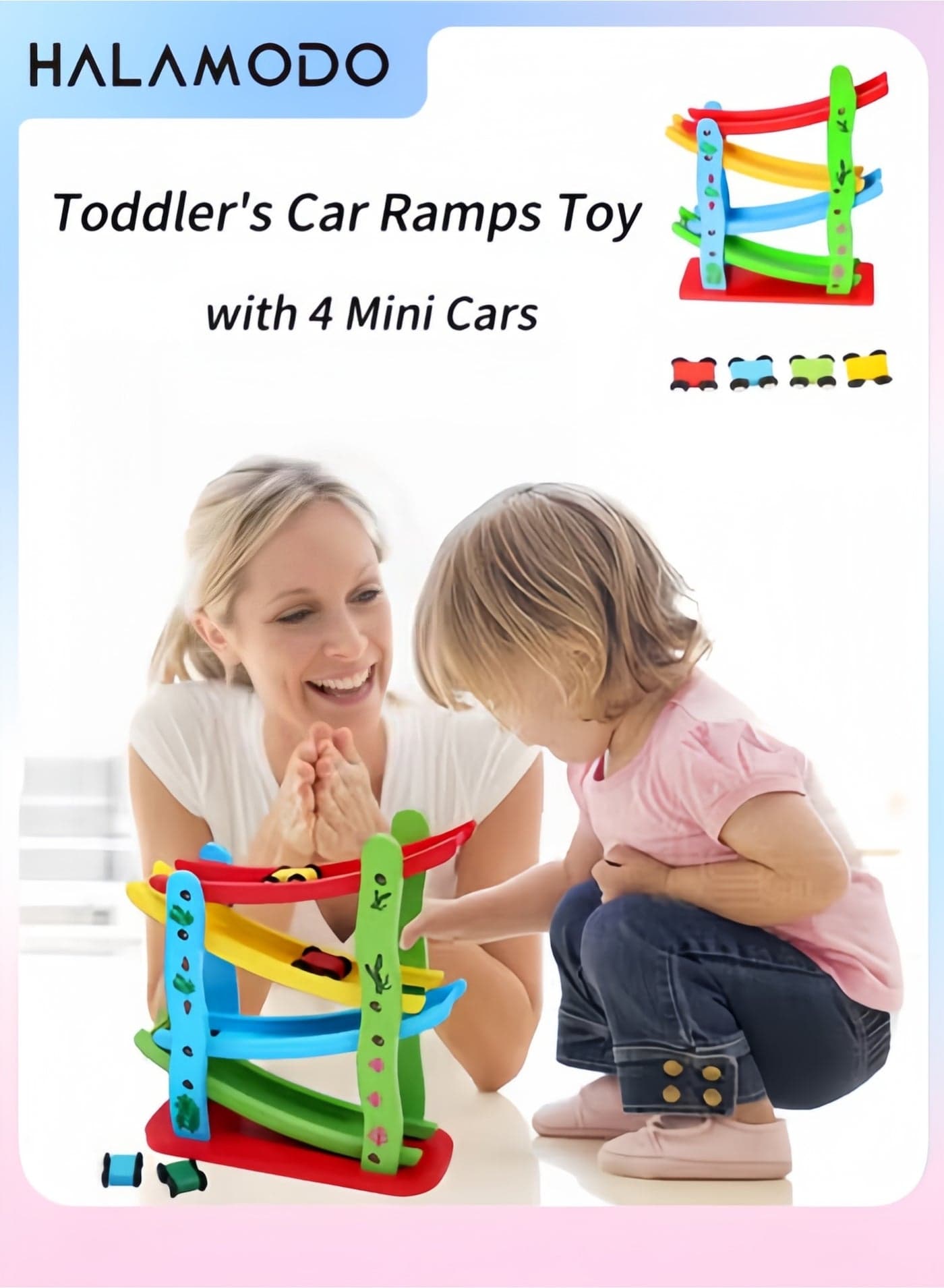 Toddler's Car Ramps Race Wooden Track Toy with 4 Mini Cars Ramp Racer Set Track Gliding Car Educational Toys Parent-child Interactive Activities Birthday Gift for Boys & Girls &Kids