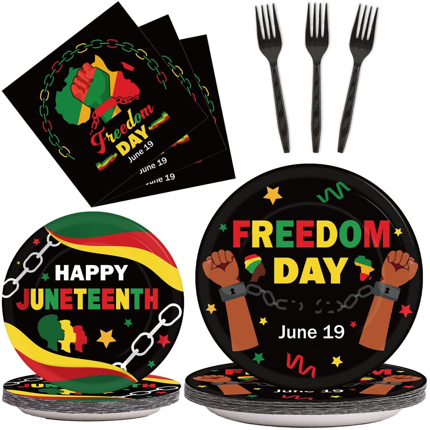 gisgfim Juneteenth Party Supplies 96 Pcs Set with 24 x 9 Plates 24 x 7 Plates 24 Napkins 24 Forks African Afro American Freedom Day Theme
