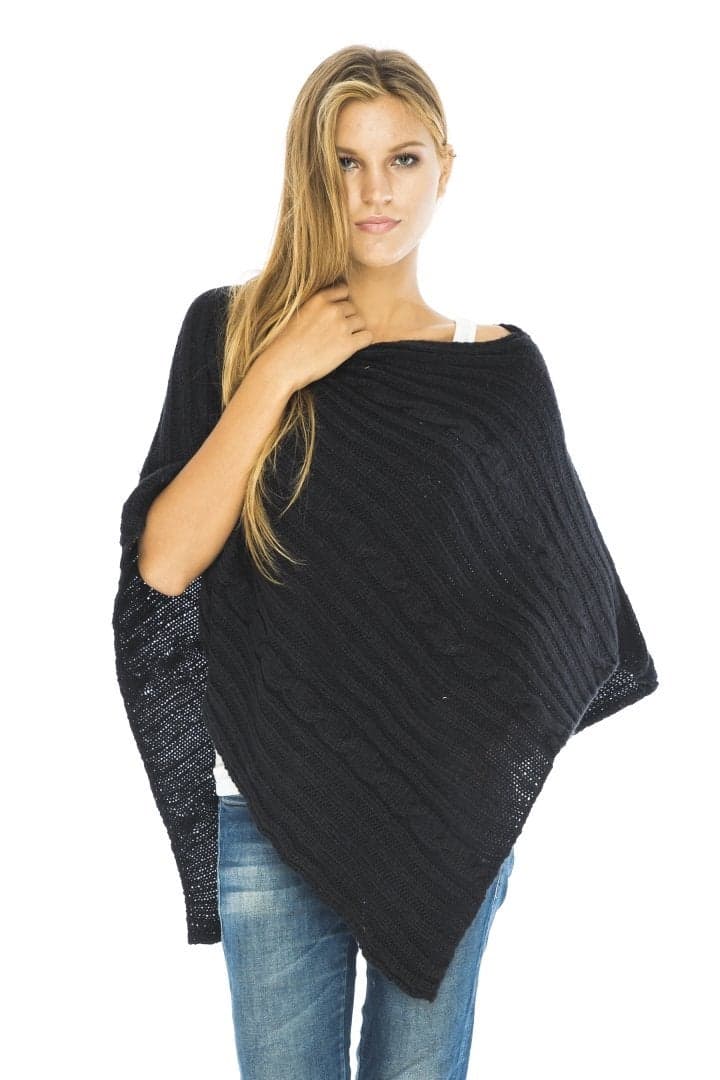 Back From Bali Knit Cable Poncho Black Womens Sweater Cape Boho Soft Casual
