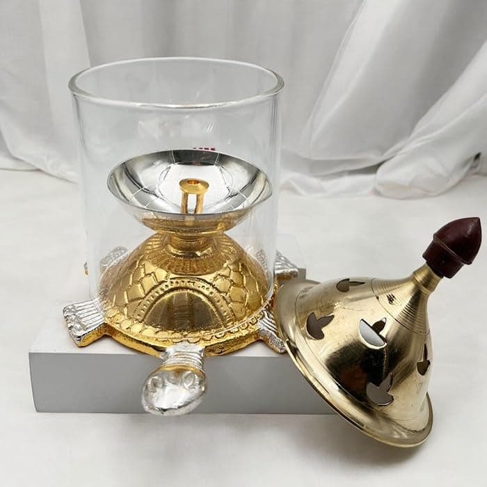 Dharmsaar Ltd Akhand Diya with Glass Cover akhand Diya with Adjustable bati Brass Pooja Diya for Diwali Pujan Gold Plated Kachua Design Akhand Jyot Aaradhya Religious Rituals for Office Temple
