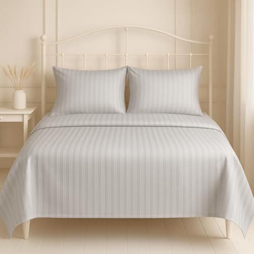Harbell Home 400 TC Satin Stripe King Size Bedsheet 108x108 Inches with 2 Pillow Covers | Luxury Cotton Feel Double Bed Sheet for Bedroom, Hotels, PGs & Guest Houses – (Super King, Silver)